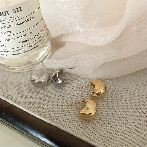 Minimalist Polished Brass Bean Stud Earrings Geometric Thick C Shaped Hoop Jewelry For Women With Silver Earring Post