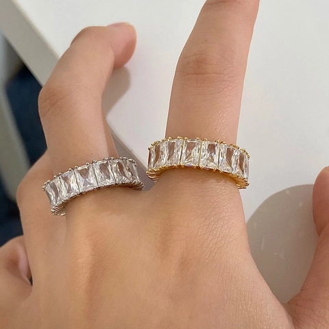 Baguette Cubic Zirconia Adjustable Open Ring Copper Gold Plated Sparkling Luxury Fashion Jewelry For Women Stackable