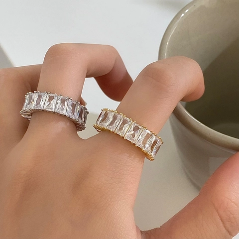 Baguette Cubic Zirconia Adjustable Open Ring Copper Gold Plated Sparkling Luxury Fashion Jewelry For Women Stackable