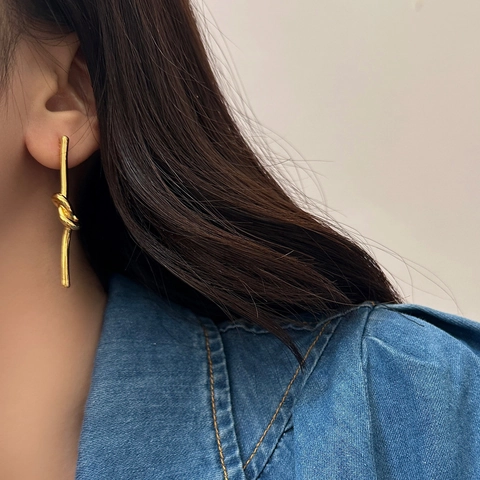 Knot Drop Earrings Copper Metal Minimalist Long Vertical Bar Geometric Linear Threader Jewelry For Women