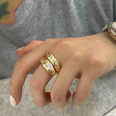 French Vintage Design Gold Plated Copper Ring With Pear Cut Clear Zircon And Engraved Star Adjustable Open Ring For Women