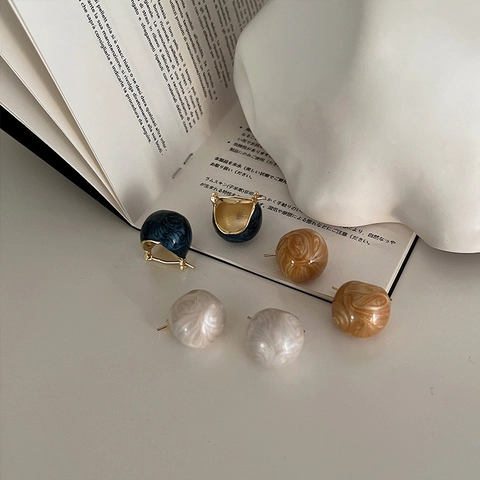 French Retro Marble Texture Ball Earrings Copper Metal Enamel Minimalist Vintage Geometric Stud Jewelry For Women
