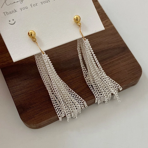 Long Tassel Drop Earrings For Women Gold Silver Two Tone Metal Chain Cascade Dangle Copper Studs Stylish