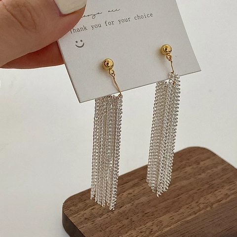 Long Tassel Drop Earrings For Women Gold Silver Two Tone Metal Chain Cascade Dangle Copper Studs Stylish