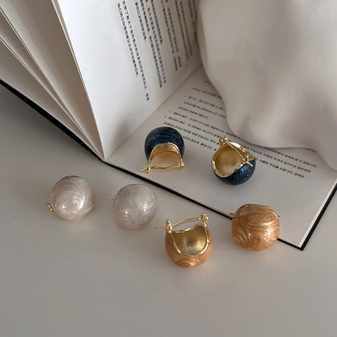 French Retro Marble Texture Ball Earrings Copper Metal Enamel Minimalist Vintage Geometric Stud Jewelry For Women
