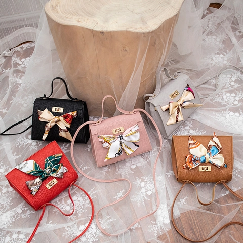 Elegant Litchi Pattern Women Shoulder Bag With Satin Scarf Decor Durable PU Leather Mini Handbag Featuring Gold Lock Closure
