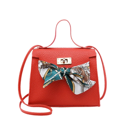 Elegant Litchi Pattern Women Shoulder Bag With Satin Scarf Decor Durable PU Leather Mini Handbag Featuring Gold Lock Closure
