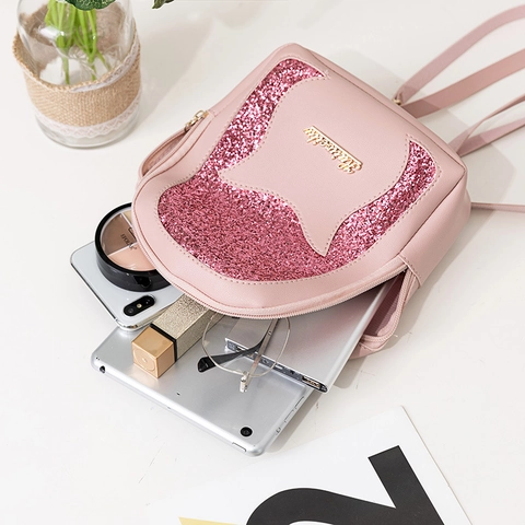 Women Mini Backpack Sequin Cat Ear Fashion PU Leather Small Shoulder Crossbody Bag With Headphone Hole Casual Travel Bag