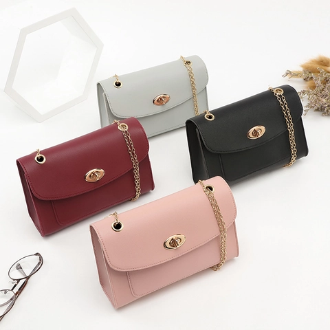 Fashion PU Leather Shoulder Crossbody Bag Gold Chain Metallic Twist Lock Square Small Messenger For Women