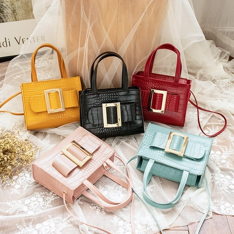 Crocodile Pattern Handbag Faux Leather Small Bucket Bag Gold Metal Square Buckle Top Handle Shoulder Crossbody Bag