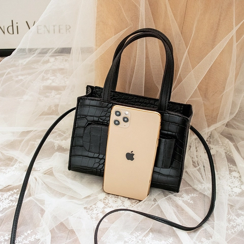 Crocodile Pattern Handbag Faux Leather Small Bucket Bag Gold Metal Square Buckle Top Handle Shoulder Crossbody Bag