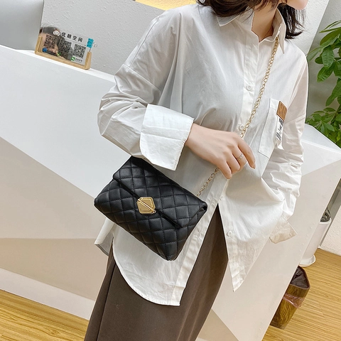 Fashion Women Shoulder Bag PU Leather Quilted Rhombic Pattern Chain Strap Geometric Lock Urban Simple Crossbody Bag