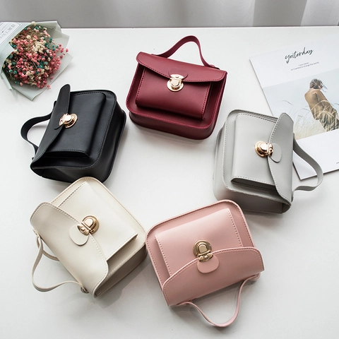 Women PU Leather Crossbody Bag Mini Square Shoulder Handbag With Gold Round Lock Buckle Vintage Minimalist Style