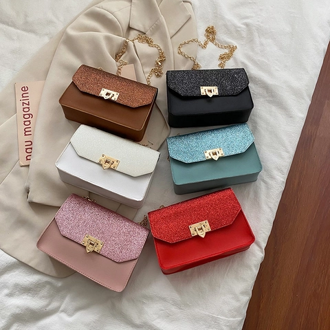 Petit Sac Carré à Rabat en Paillettes pour Femmes Mode Cuir PU Chaîne Épaule Bandoulière Brillant Soirée Fête