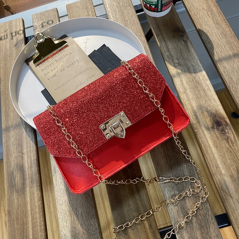 Petit Sac Carré à Rabat en Paillettes pour Femmes Mode Cuir PU Chaîne Épaule Bandoulière Brillant Soirée Fête