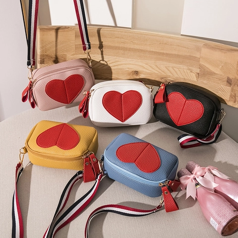 Women Litchi Grain PU Leather Heart Crossbody Bag Contrast Color Webbing Shoulder Small Square Phone Bag Sweet Fashion Camera Bag