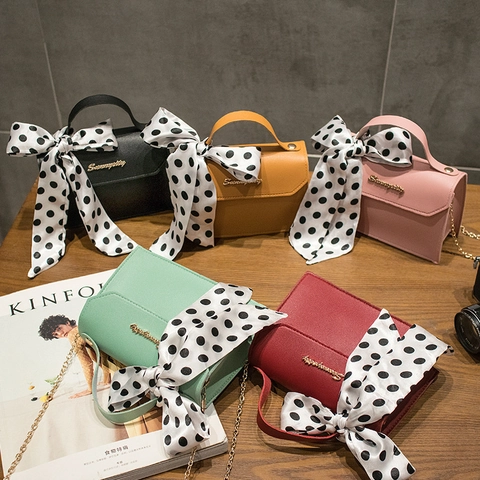 Women Crossbody Shoulder Bag PU Leather Elegant Polka Dot Scarf Bow Top Handle Metal Chain Strap Square Flap Bag