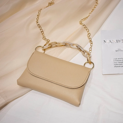 Women Small Crossbody Bag PU Leather Lychee Pattern Flap Acrylic Resin Handle Metal Chain Minimalist French Fashion