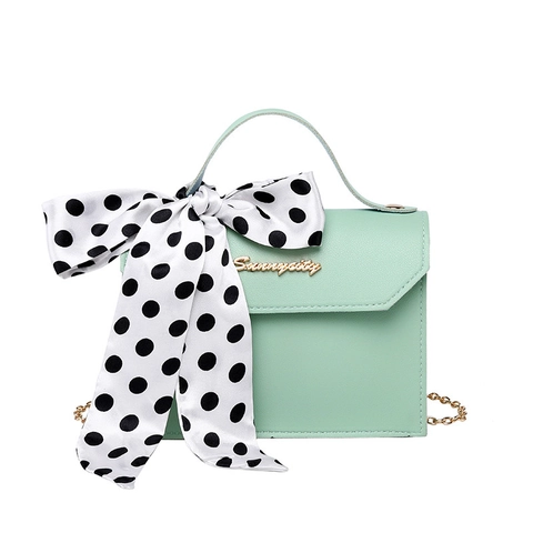 Women Crossbody Shoulder Bag PU Leather Elegant Polka Dot Scarf Bow Top Handle Metal Chain Strap Square Flap Bag