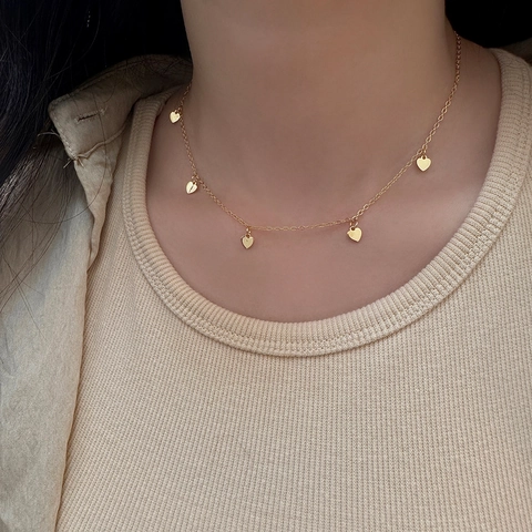 Collar De Cobre Chapado En Oro Real Múltiples Colgantes Corazón Redondo Cadena De Clavícula Minimalista Para Mujer Joyas