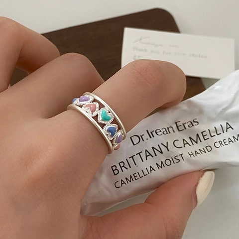 Anello Cuore Smaltato Colorato Aperto Regolabile Rame Cavo Doppio Strato Stile Dopamina Semplice Dolce Per Donna