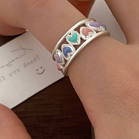 Anello Cuore Smaltato Colorato Aperto Regolabile Rame Cavo Doppio Strato Stile Dopamina Semplice Dolce Per Donna