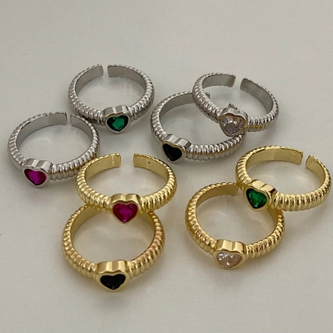 Heart Zircon Open Ring Alloy Ribbed Band Colorful Crystal Adjustable Jewelry Vintage Elegant For Women