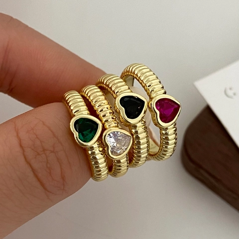 Heart Zircon Open Ring Alloy Ribbed Band Colorful Crystal Adjustable Jewelry Vintage Elegant For Women