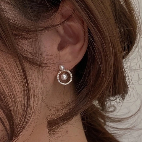 French Retro Geometric Round Zircon Artificial Pearl Ear Studs Elegant Paved Light Luxury Jewelry For Women
