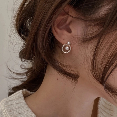 French Retro Geometric Round Zircon Artificial Pearl Ear Studs Elegant Paved Light Luxury Jewelry For Women