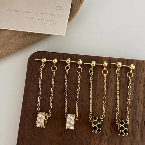 Long Tassel Earrings Copper Gold Plated With Cubic Zirconia Micro Pave Cylinder Pendant Fashion Women Geometric Jewelry