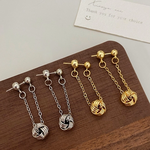 Retro Kupfer Lange Kette Hängeohrringe Geometrische Gedrehte Drahtkugel Dangle Eleganter Nischenstil Damen Schmuck