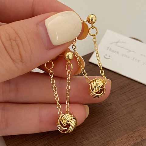 Retro Kupfer Lange Kette Hängeohrringe Geometrische Gedrehte Drahtkugel Dangle Eleganter Nischenstil Damen Schmuck