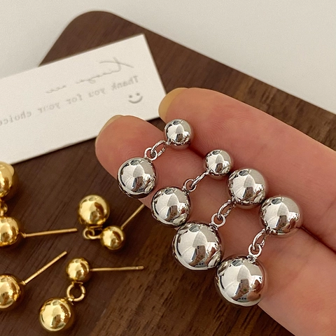 Pendientes De Gota De Doble Bola Pulida Con Poste De Cobre Minimalista Espejo Brillante Metal Geométrico Para Mujeres