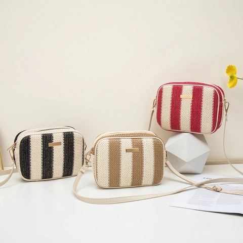 Women Straw Woven Crossbody Camera Bag Vertical Striped Summer Beach Shoulder Bag Gold Hardware Casual Rectangular Small Purse