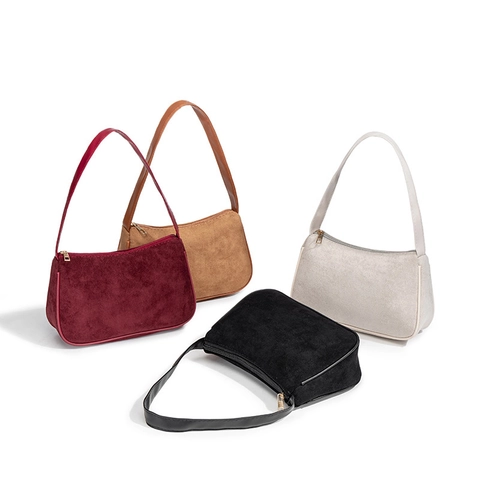 Bolso De Axila Retro Para Mujer Textura De Gamuza Color Sólido Bolso De Hombro Minimalista Con Cremallera Dorada Casual