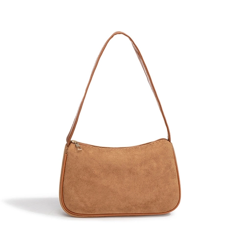 Bolso De Axila Retro Para Mujer Textura De Gamuza Color Sólido Bolso De Hombro Minimalista Con Cremallera Dorada Casual