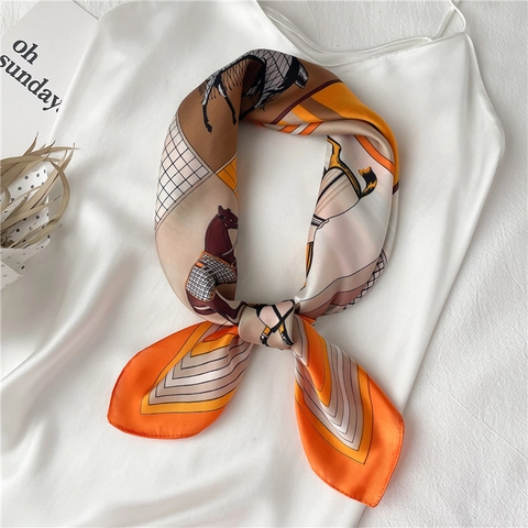 Women Square Scarf Satin Feeling Equestrian Horse Print Geometric Pattern Polyester Neck Scarf Fashion Hair Tie