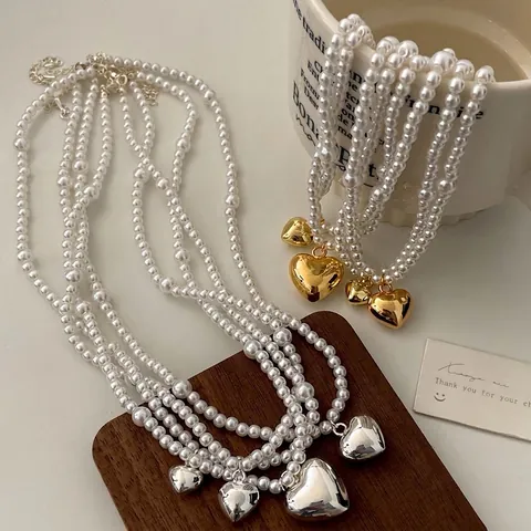 French Vintage Artificial Pearl Necklace For Women With Mirror Heart Pendant Elegant Retro Jewelry Adjustable Alloy Chain Accessory