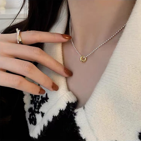 Collier Pendentif Cercle Cuivre Plaqué Or Chaîne À Billes Argentée Ras Du Cou Réglable Pour Femme Élégant