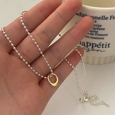 Collier Pendentif Cercle Cuivre Plaqué Or Chaîne À Billes Argentée Ras Du Cou Réglable Pour Femme Élégant