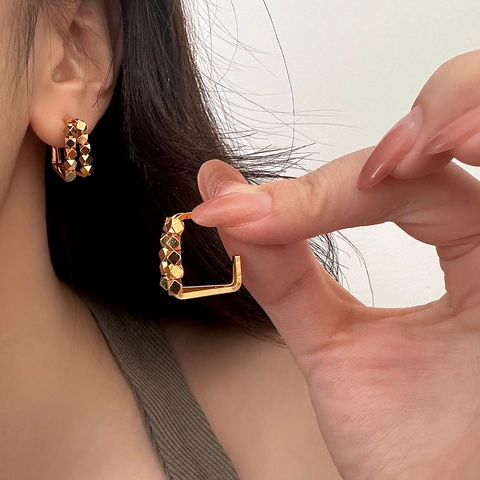 Boucles D'oreilles Créoles En C Géométriques Avec Tige En Cuivre Double Couche Perle Cube Métal Chic Minimaliste