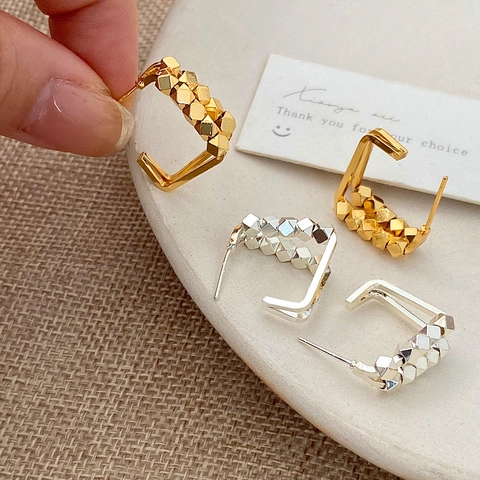 Boucles D'oreilles Créoles En C Géométriques Avec Tige En Cuivre Double Couche Perle Cube Métal Chic Minimaliste