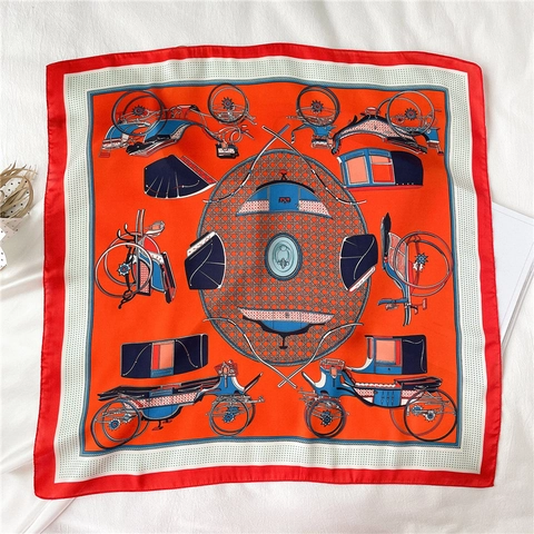 Retro Carriage Print Square Scarf Faux Satin Polyester Elegant Foulard Neck Wrap Hair Band Bag Decoration Women