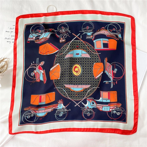 Retro Carriage Print Square Scarf Faux Satin Polyester Elegant Foulard Neck Wrap Hair Band Bag Decoration Women