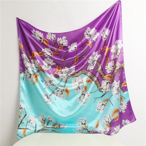 Grande Sciarpa Quadrata Stampa Fiori Di Magnolia Raso Effetto Raso Bicolore Moda Foulard Per Capelli Da Donna
