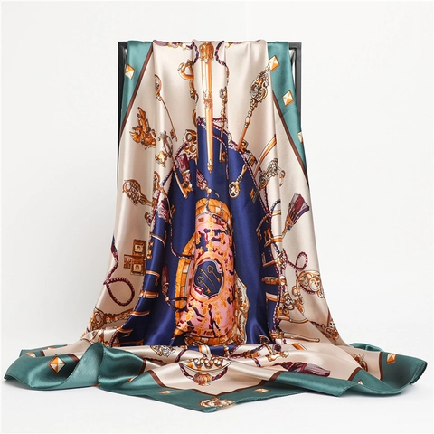 Vintage Key Print Square Satin Scarf Elegant Satin Like Headscarf Fashion Shawl For Women Wrap Accessory
