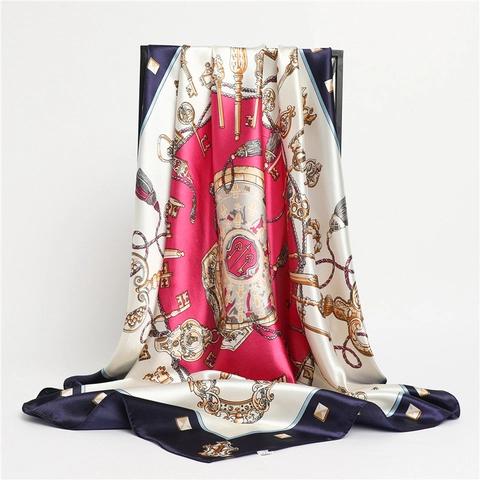 Vintage Key Print Square Satin Scarf Elegant Satin Like Headscarf Fashion Shawl For Women Wrap Accessory