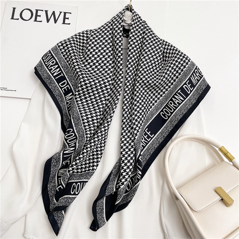 Houndstooth Square Scarf Satin Like Polyester Twill Letter Print Head Wrap Elegant Neck Accessory For Women