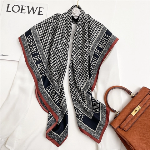 Houndstooth Square Scarf Satin Like Polyester Twill Letter Print Head Wrap Elegant Neck Accessory For Women